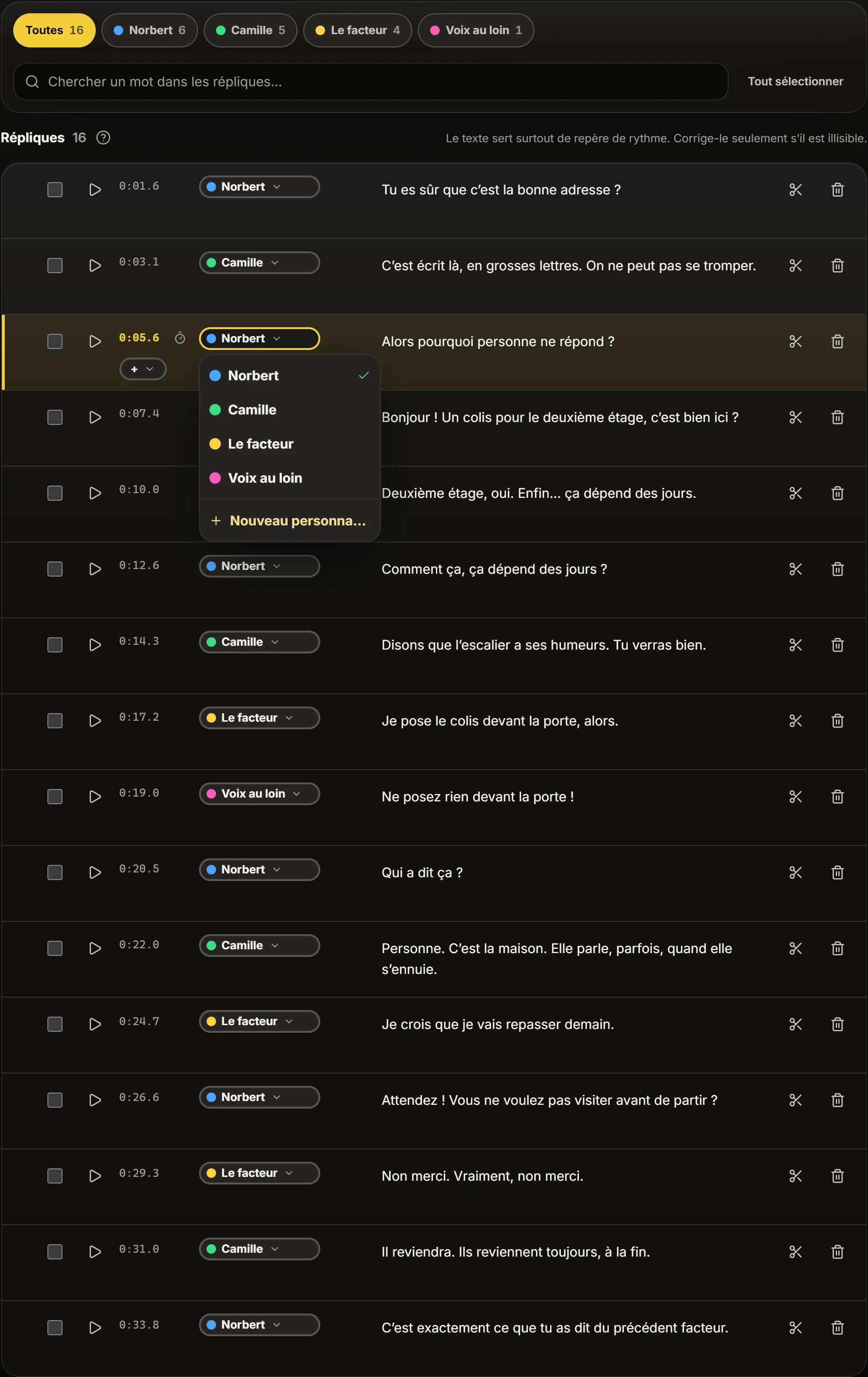 Le menu qui s’ouvre sur une réplique pour changer de personnage.